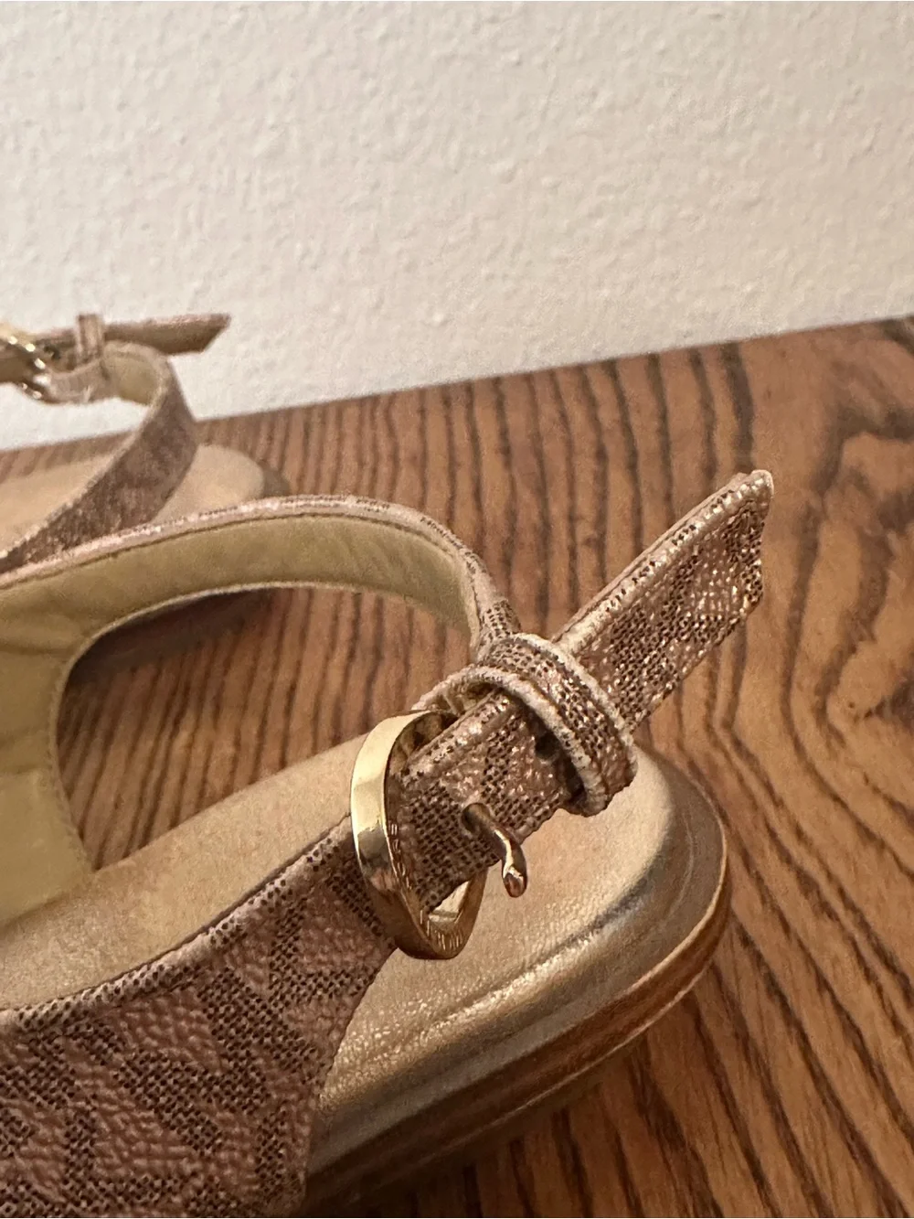 Michael Kors Metallic Rose Gold MK Logo T-Strap Sandal